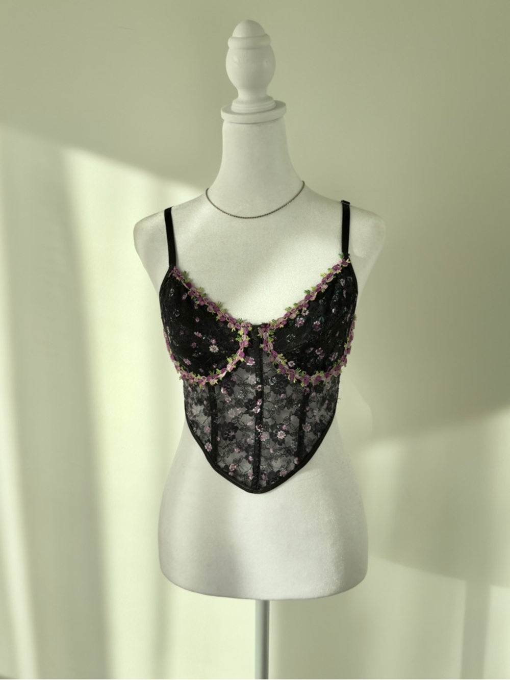 Zaful Black Sheer Lace Floral Embroidered Bustier Corset Crop Top